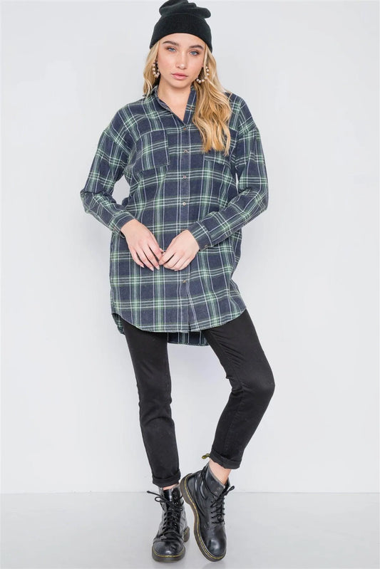 Green Plaid Button Down Long Sleeve Shirt Dress /2-2-2 - Tasha Apparel Wholesale