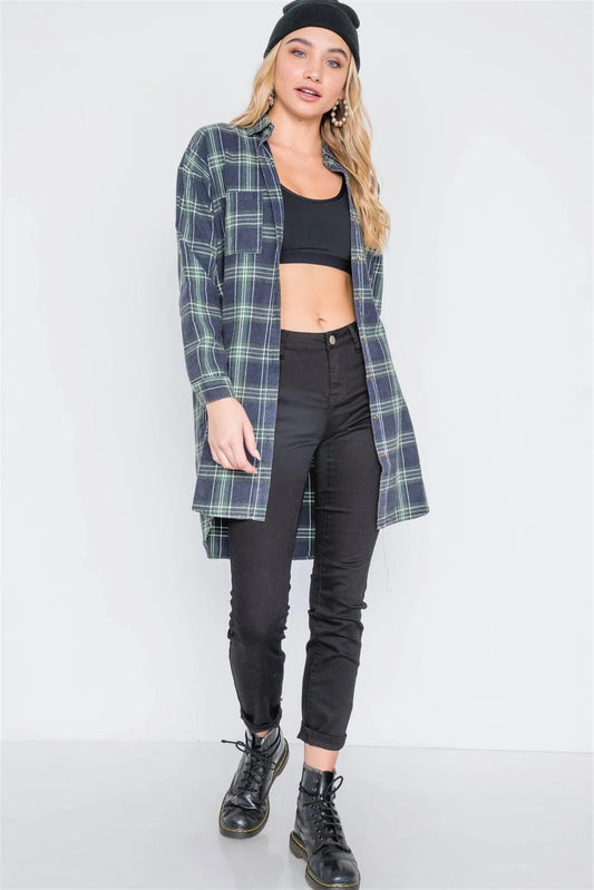 Green Plaid Button Down Long Sleeve Shirt Dress /1-3-2-1-1 - Tasha Apparel Wholesale