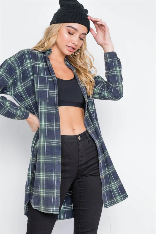 Green Plaid Button Down Long Sleeve Shirt Dress /2-3-2-1 - Tasha Apparel Wholesale