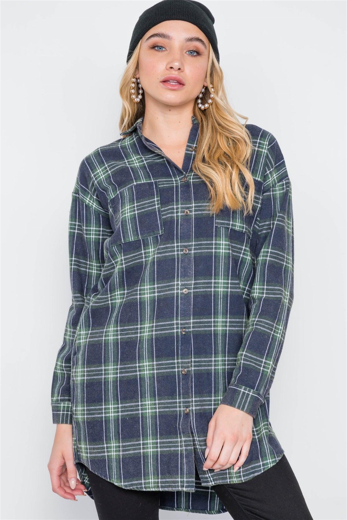 Green Plaid Button Down Long Sleeve Shirt Dress /2-3-2-1