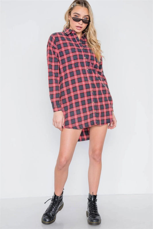 Red Plaid Button Down Long Sleeve Shirt Dress /1-3-1 - Tasha Apparel Wholesale
