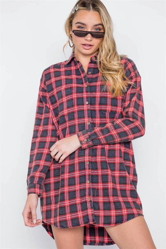 Red Plaid Button Down Long Sleeve Shirt Dress /1-3-2 - Tasha Apparel Wholesale