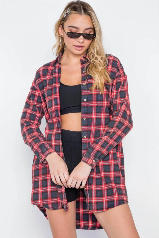 Red Plaid Button Down Long Sleeve Shirt Dress /2-3 - Tasha Apparel Wholesale