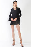 Black Long Sleeve V-Cut Out Solid Mini Dress /2-2-2