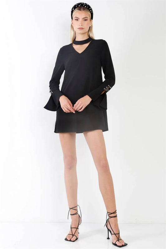 Black Long Sleeve V-Cut Out Solid Mini Dress /2-2-2 - Tasha Apparel Wholesale