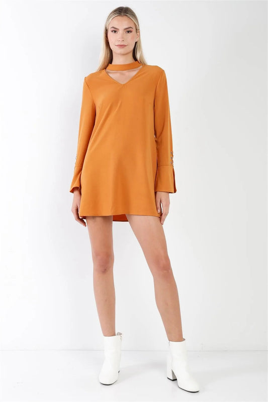 Camel Long Sleeve V-Cut Out Solid Mini Dress /2-2-2 - Tasha Apparel Wholesale