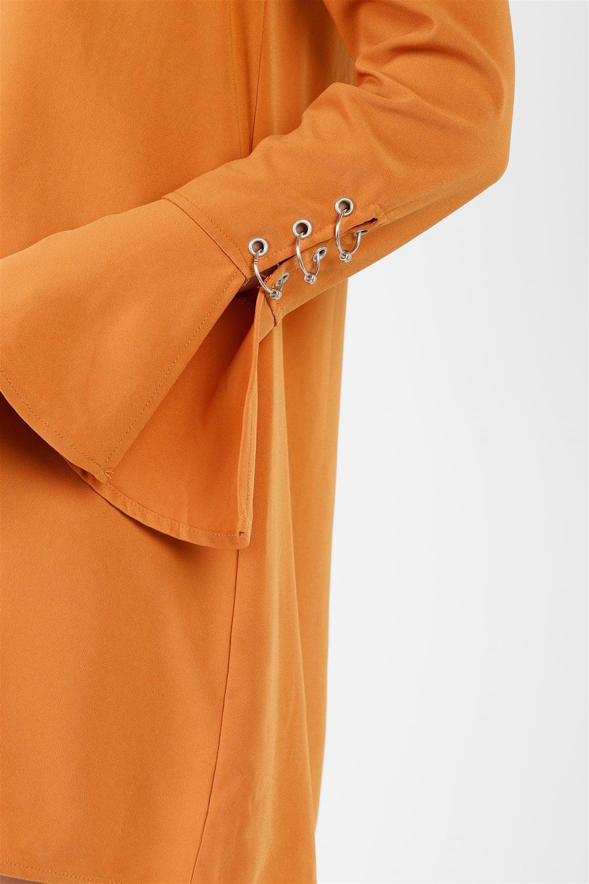 Camel Long Sleeve V-Cut Out Solid Mini Dress /2-2-2