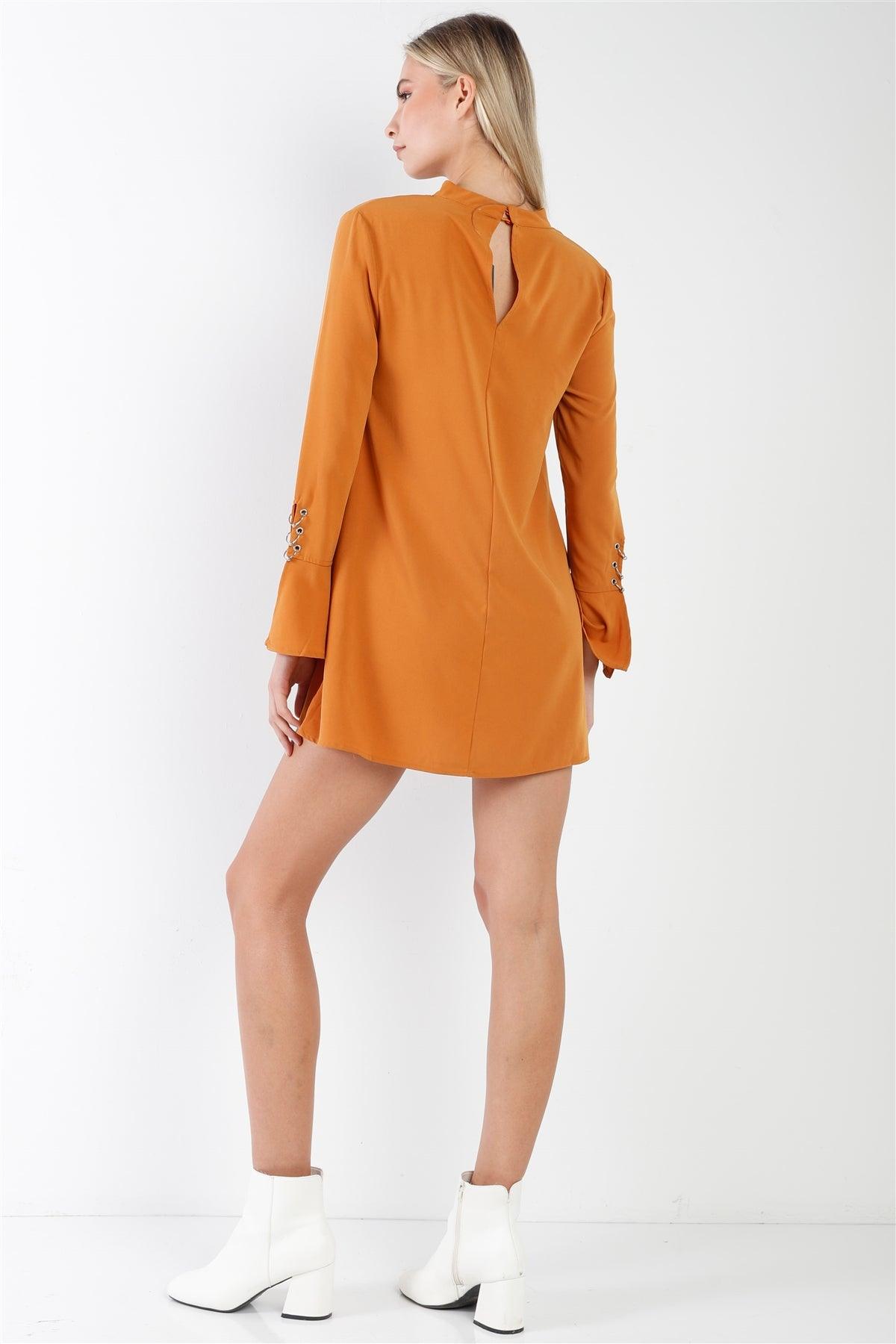 Camel Long Sleeve V-Cut Out Solid Mini Dress /2-2-2