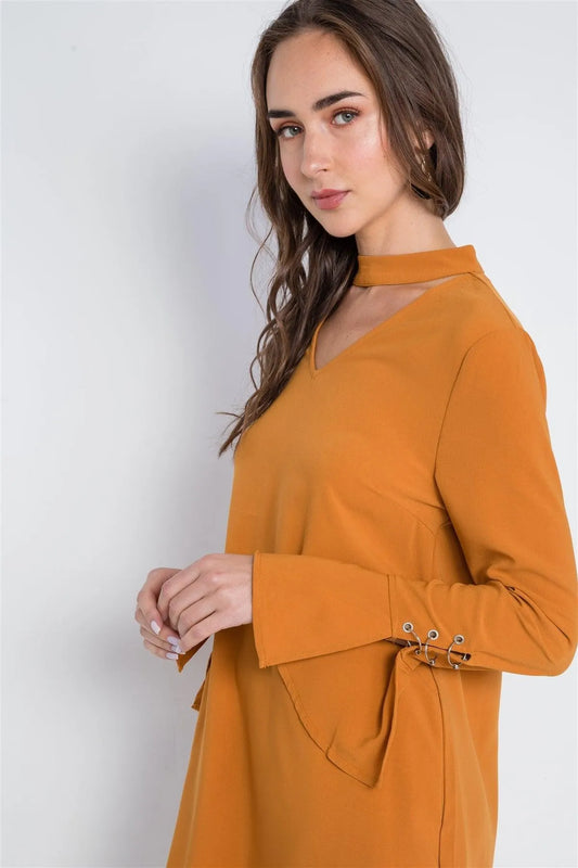 Camel Long Sleeve V-Cut Out Solid Mini Dress /1-3-3 - Tasha Apparel Wholesale
