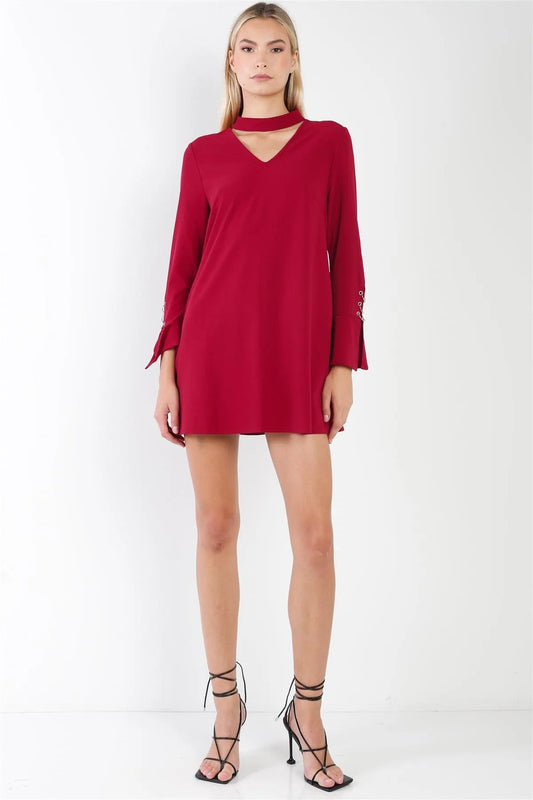 Wine Long Sleeve V-Cut Out Solid Mini Dress /2-2-2 - Tasha Apparel Wholesale