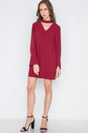 Wine Long Sleeve V-Cut Out Solid Mini Dress /1-2-3 - Tasha Apparel Wholesale
