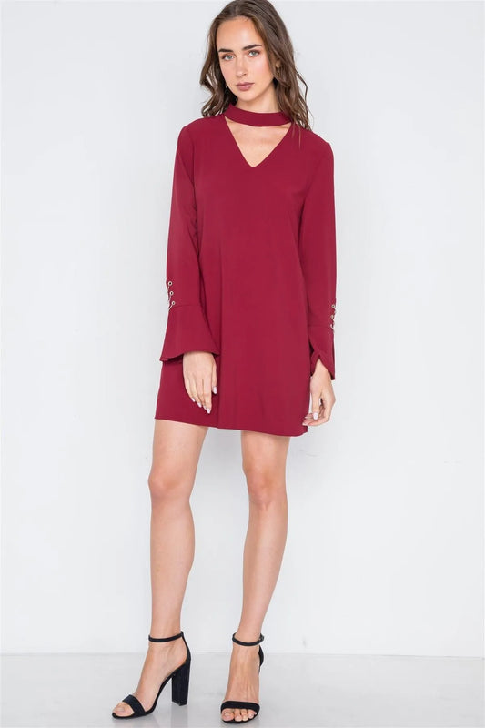 Wine Long Sleeve V-Cut Out Solid Mini Dress /1-2-3 - Tasha Apparel Wholesale