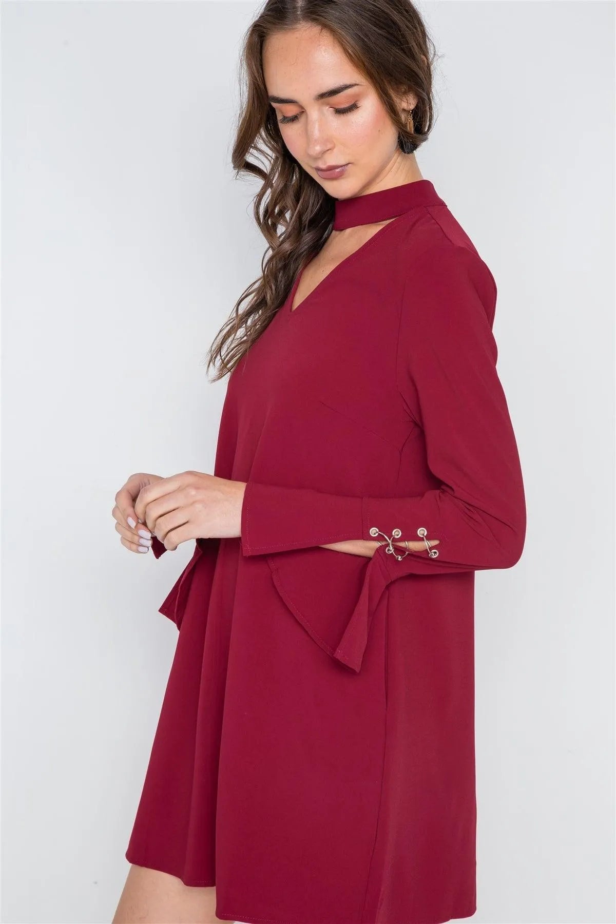 Wine Long Sleeve V-Cut Out Solid Mini Dress /1-2-3 - Tasha Apparel Wholesale