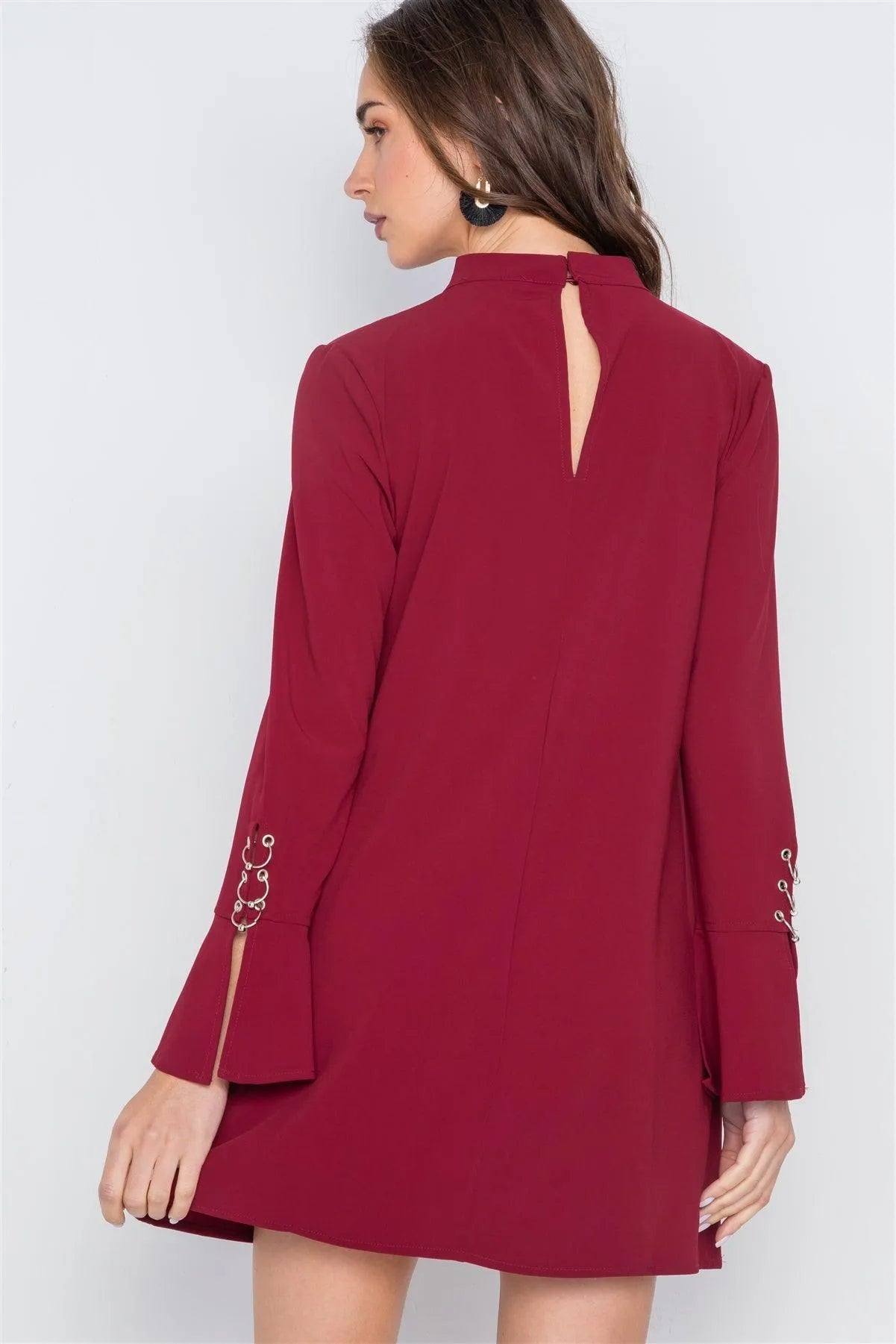 Wine Long Sleeve V-Cut Out Solid Mini Dress /1-2-3 - Tasha Apparel Wholesale