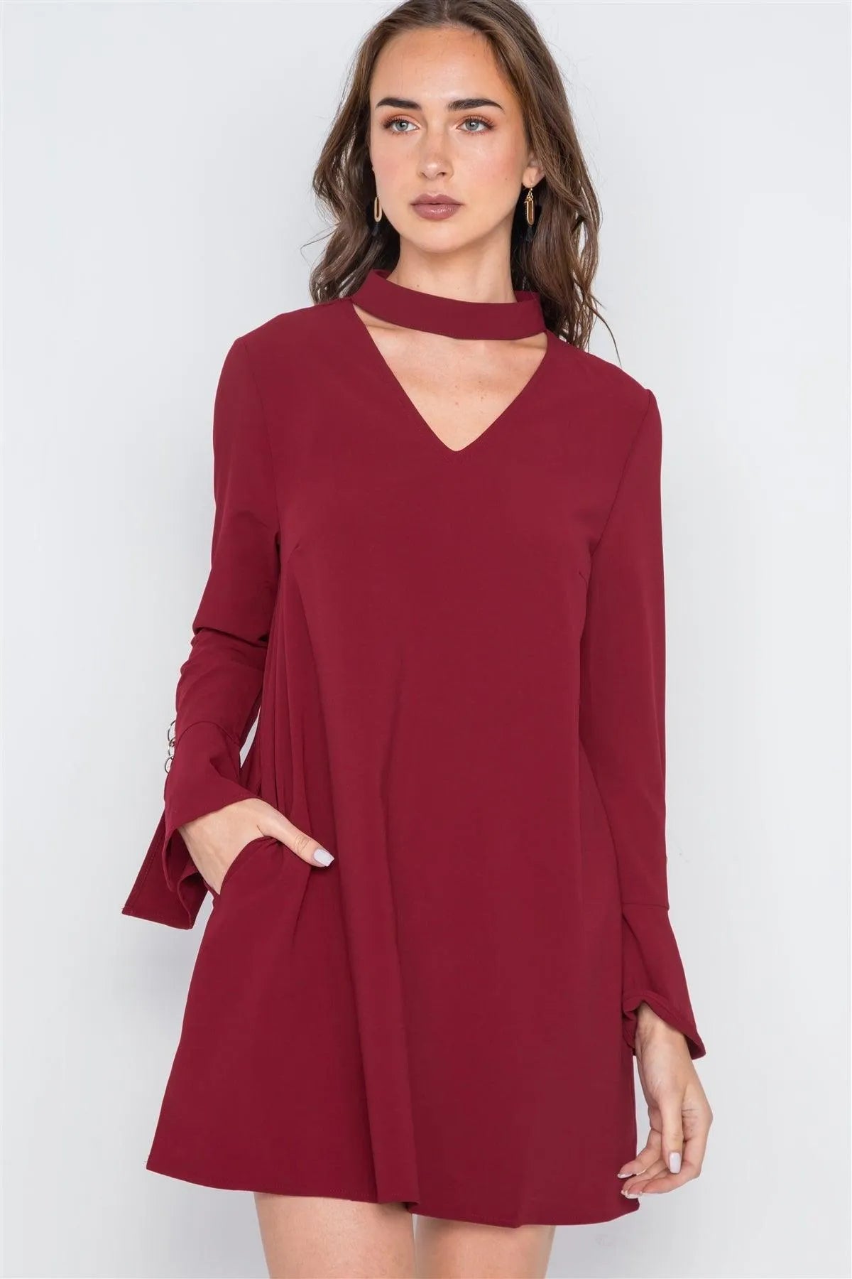 Wine Long Sleeve V-Cut Out Solid Mini Dress /1-2-3 - Tasha Apparel Wholesale