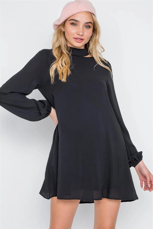 Black Cut-Out Neck Solid Long Sleeve Dress /2-2-2 - Tasha Apparel Wholesale