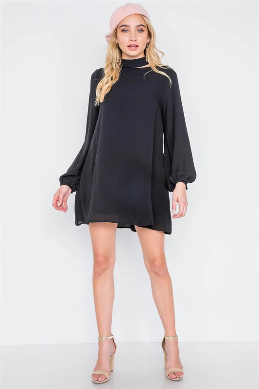 Black Cut-Out Neck Solid Long Sleeve Dress /3-2-2 - Tasha Apparel Wholesale