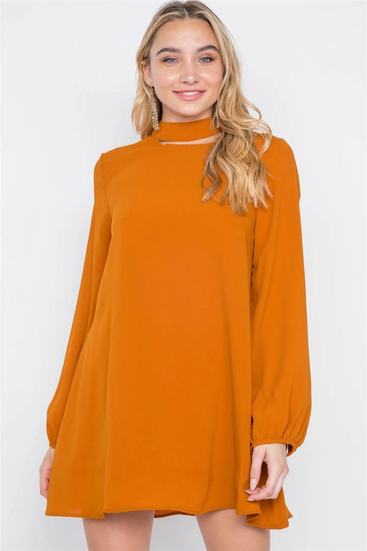 Camel Cut-Out Neck Solid Long Sleeve Dress /2-2-2 - Tasha Apparel Wholesale