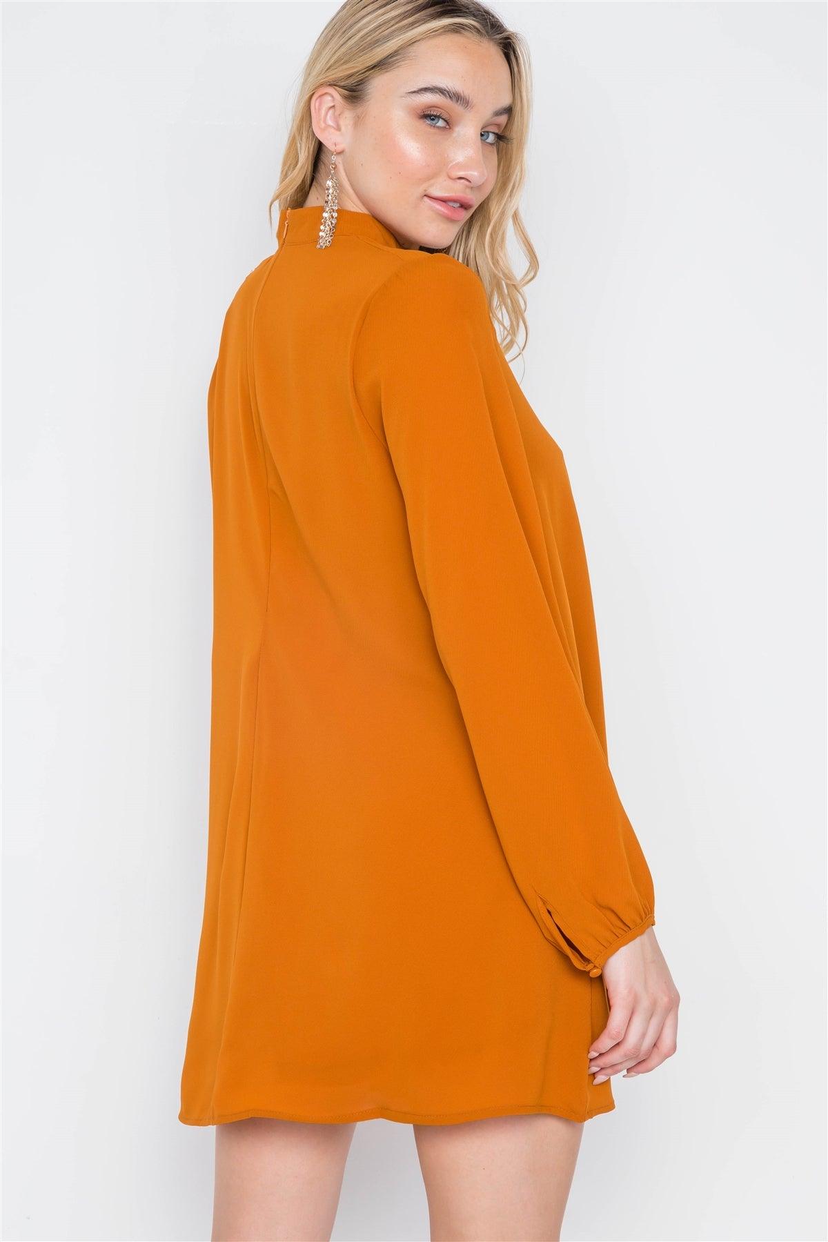 Camel Cut-Out Neck Solid Long Sleeve Dress /2-2-2