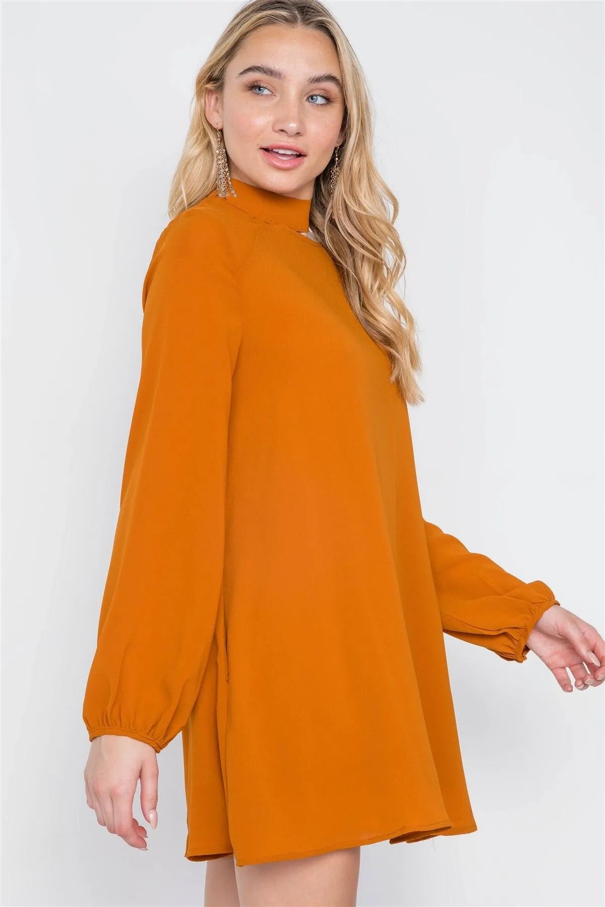 Camel Cut-Out Neck Solid Long Sleeve Dress /2-2-2 - Tasha Apparel Wholesale