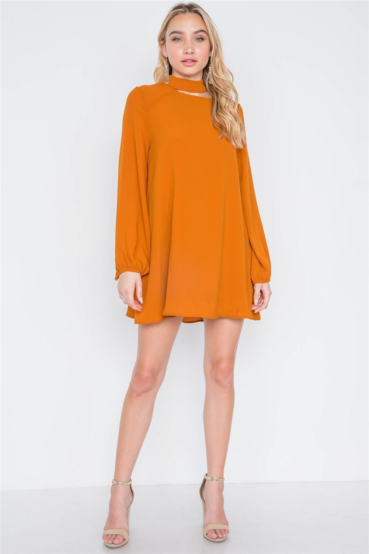 Camel Cut-Out Neck Solid Long Sleeve Dress /2-2-2