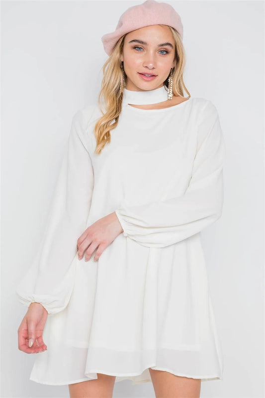 Off White Cut-Out Neck Solid Long Puff Balloon Sleeve Dress /2-2-2 - Tasha Apparel Wholesale