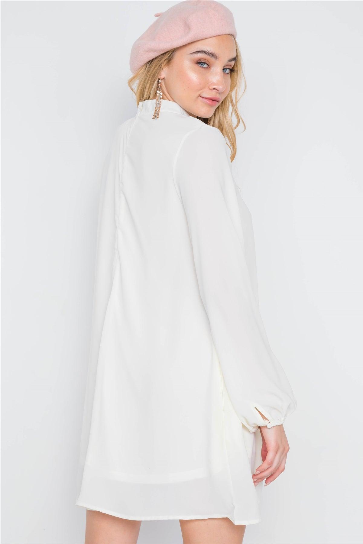Off White Cut-Out Neck Solid Long Puff Balloon Sleeve Dress /2-2-2