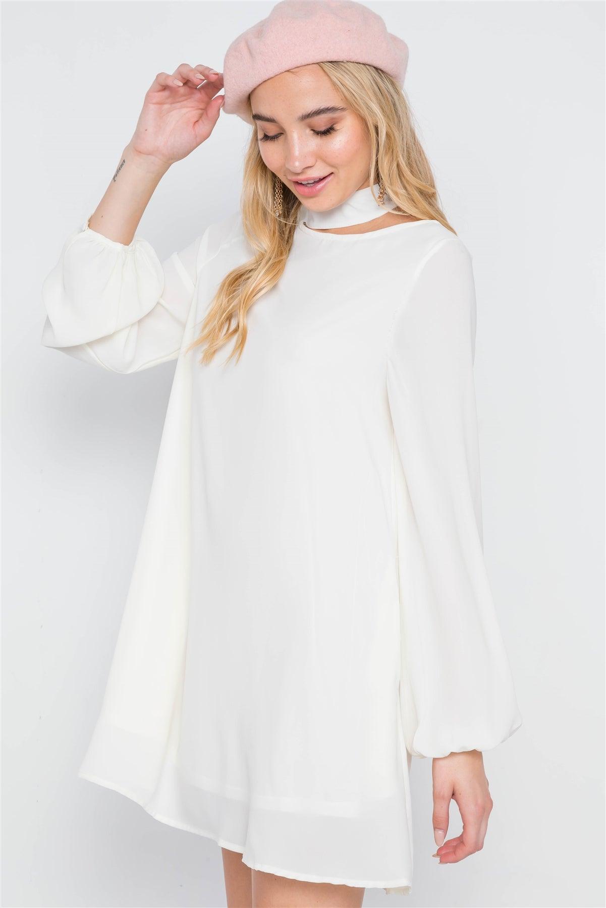 Off White Cut-Out Neck Solid Long Sleeve Dress