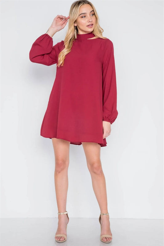 Wine Cut-Out Neck Solid Long Sleeve Dress /1-2-3 - Tasha Apparel Wholesale