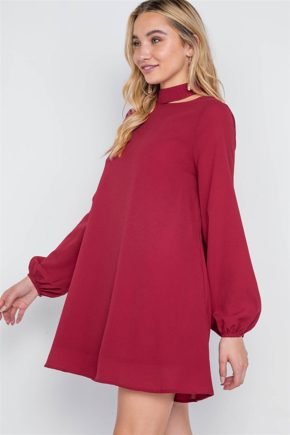 Wine Cut-Out Neck Solid Long Sleeve Dress /1-2-3