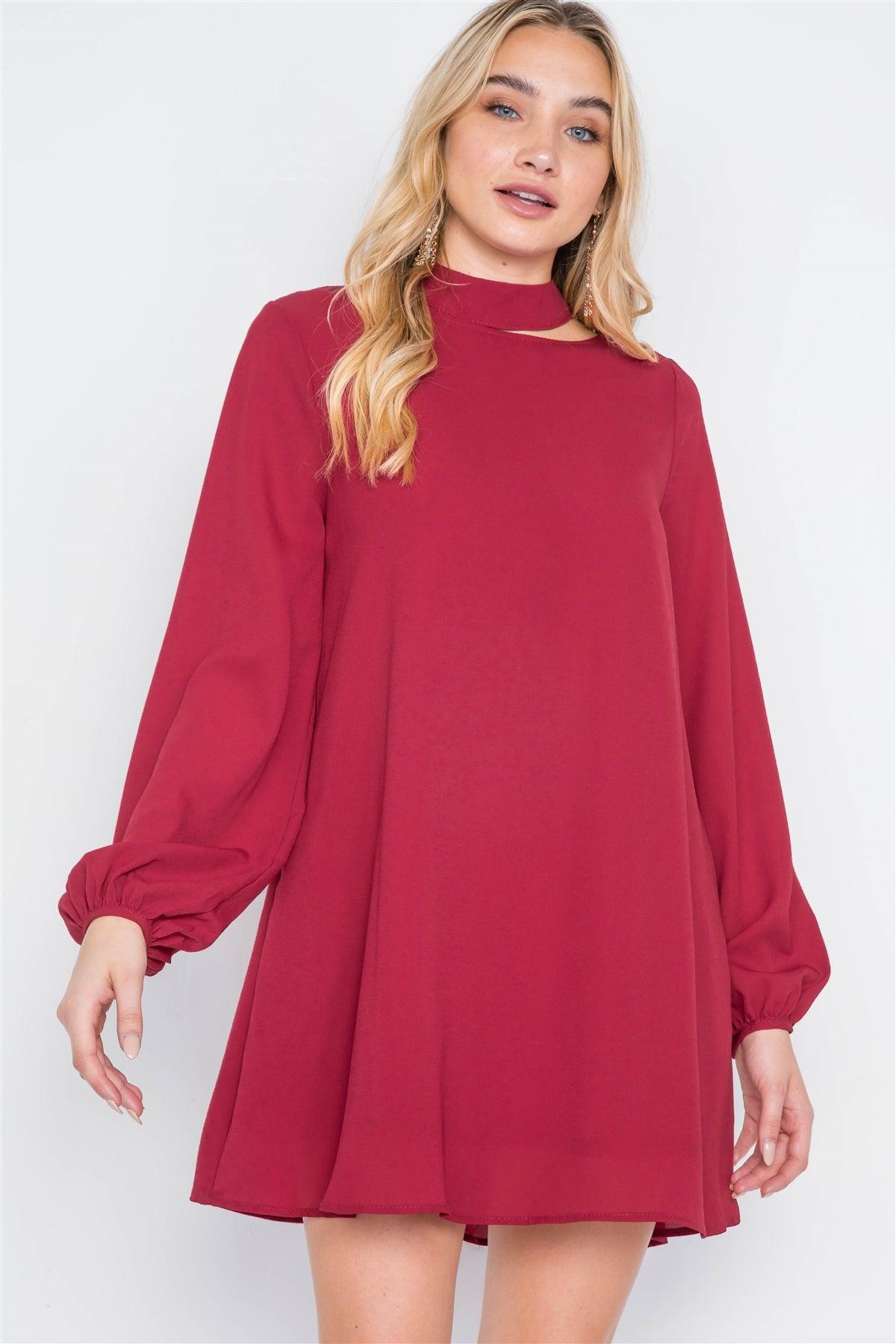Wine Cut-Out Neck Solid Long Sleeve Dress /1-2-3