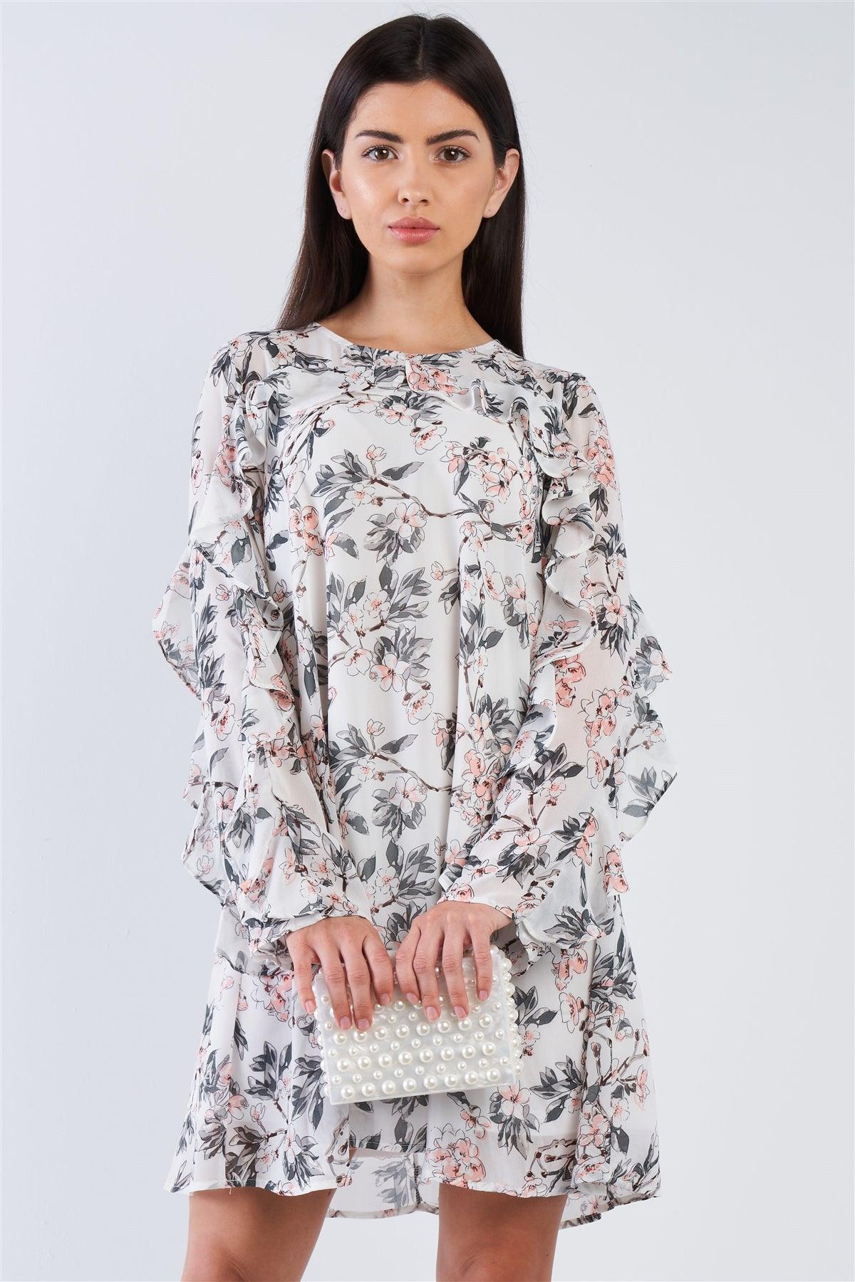 White Long Sleeve Oversized Floral Ruffle Dress /2-2-2