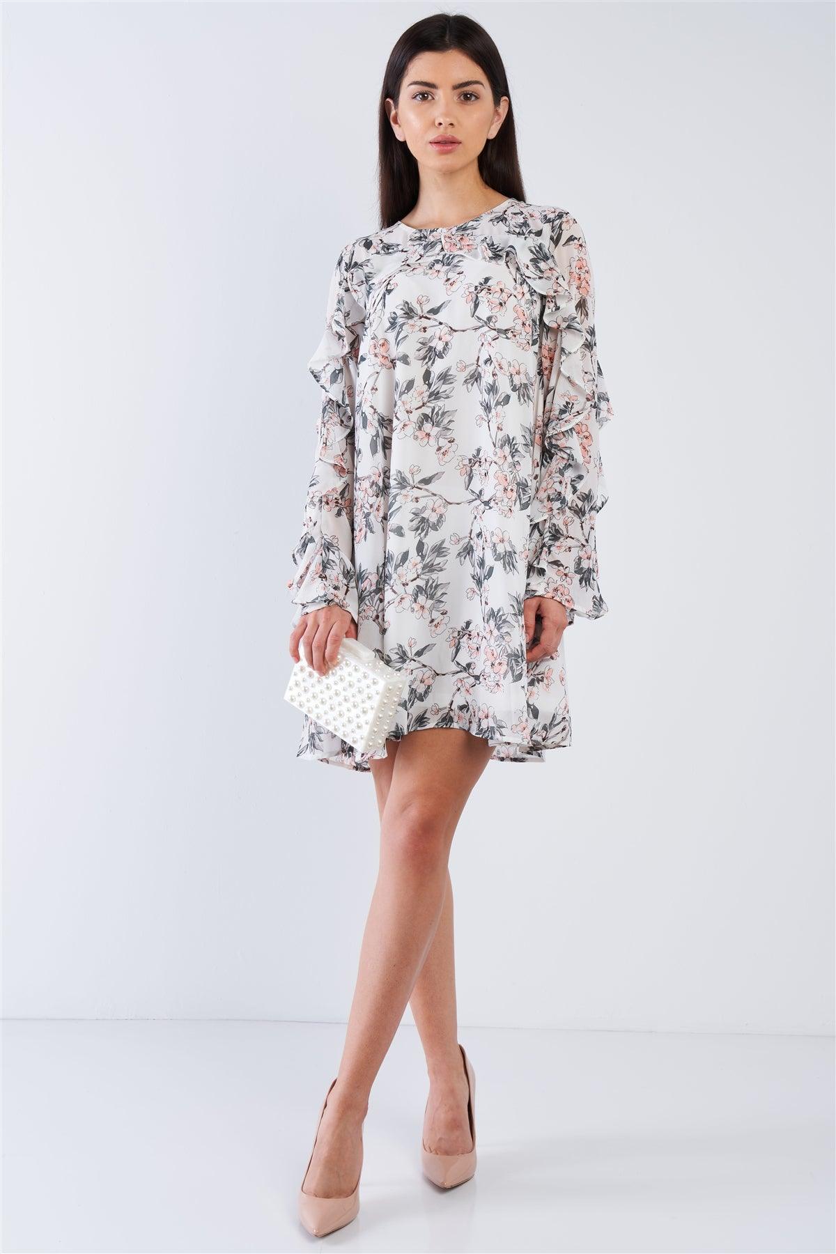 White Long Sleeve Oversized Floral Ruffle Dress /2-2-2
