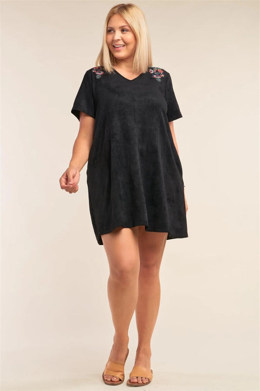 Junior Plus Size Black Suede Floral Print Detail Relaxed Fit V-Neck Mini Dress /3-2-1 - Tasha Apparel Wholesale