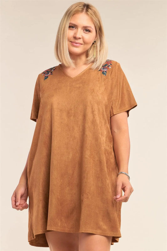 Junior Plus Size Camel Suede Floral Print Detail Relaxed Fit V-Neck Mini Dress /3-2-1 - Tasha Apparel Wholesale