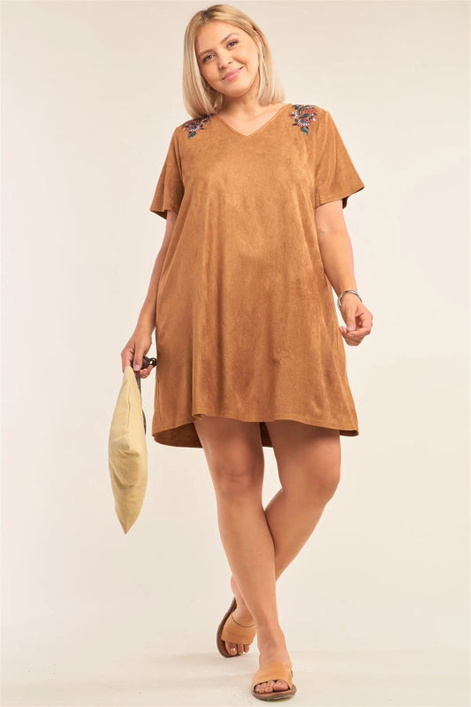 Junior Plus Size Camel Suede Floral Print Detail Relaxed Fit V-Neck Mini Dress /2-2-2 - Tasha Apparel Wholesale