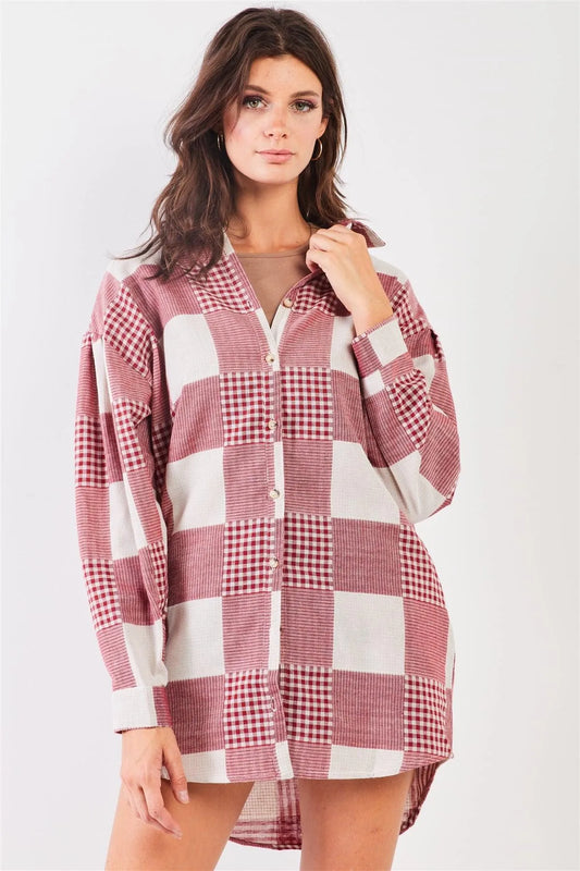 Red & Natural 90s Multi Plaid Oversized Button Down Mini Shirt Dress /3-1-1 - Tasha Apparel Wholesale