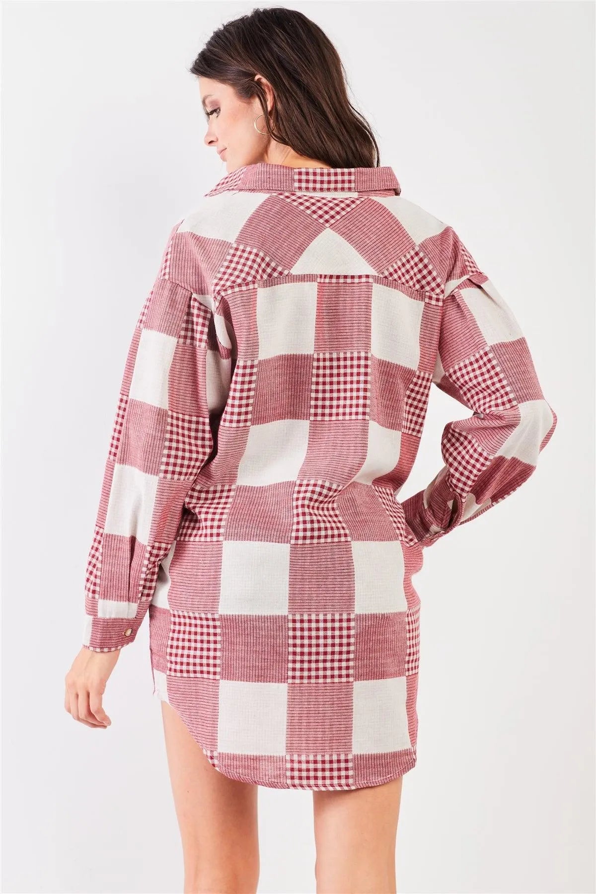 Red & Natural 90s Multi Plaid Oversized Button Down Mini Shirt Dress /3-1-1 - Tasha Apparel Wholesale