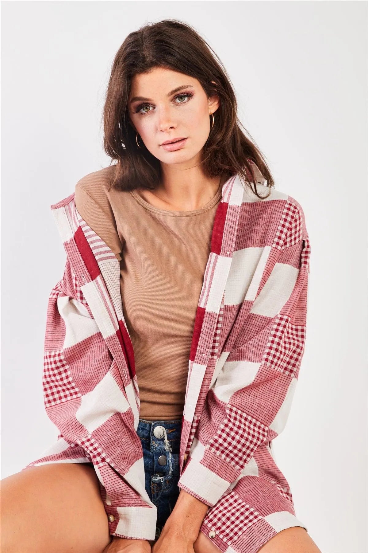 Red & Natural 90s Multi Plaid Oversized Button Down Mini Shirt Dress /3-1-1 - Tasha Apparel Wholesale