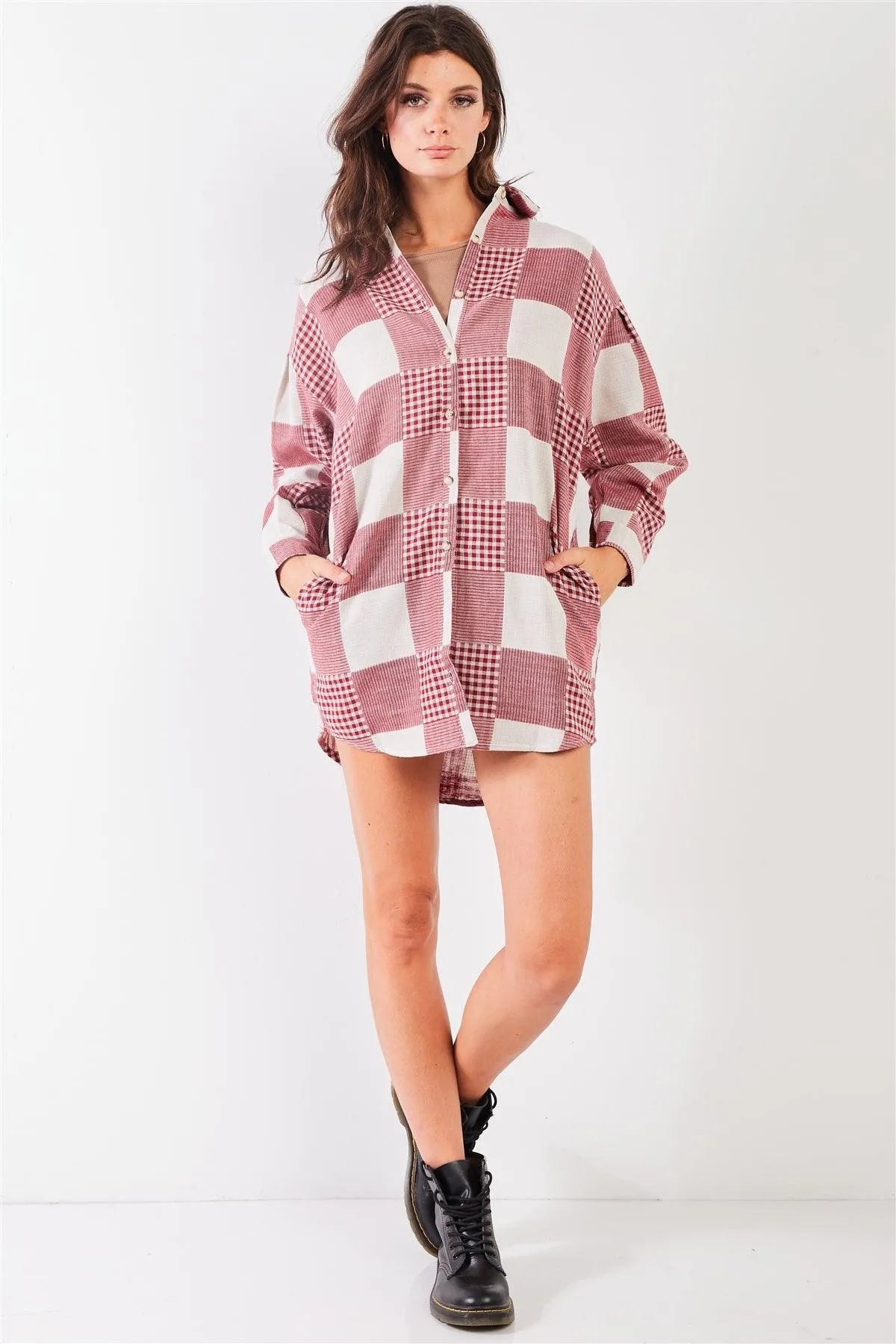 Red & Natural 90s Multi Plaid Oversized Button Down Mini Shirt Dress /3-1-1 - Tasha Apparel Wholesale