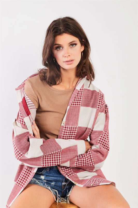 Red & Natural 90s Multi Plaid Oversized Button Down Mini Shirt Dress /2-2-2 - Tasha Apparel Wholesale