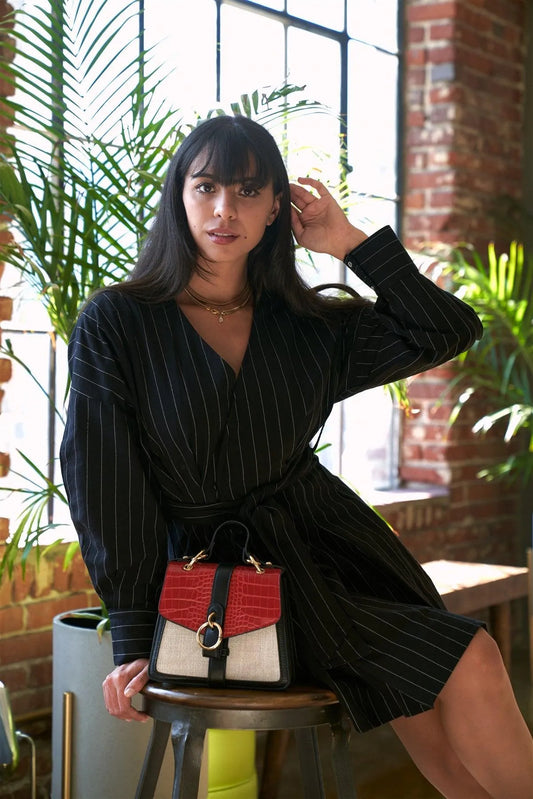 Black Pinstriped Long Puff Sleeve Surplice Neck Wrap Mini Dress /1-2-2 - Tasha Apparel Wholesale