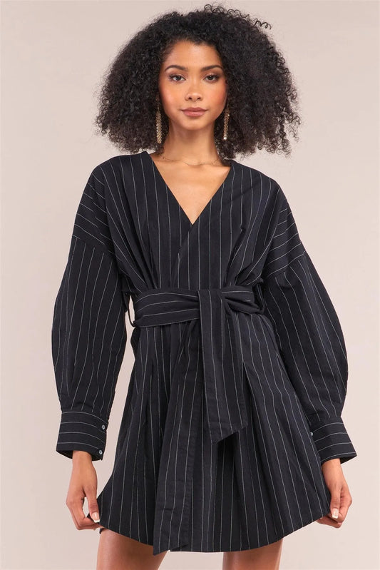 Black Pinstriped Long Puff Sleeve Surplice Neck Wrap Mini Dress /2-2-2 - Tasha Apparel Wholesale