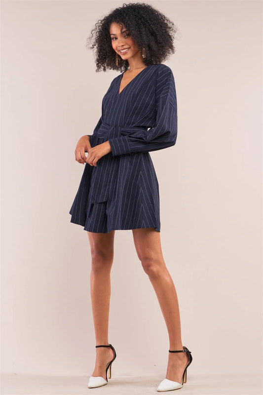 Navy Pinstriped Long Puff Sleeve Surplice Neck Wrap Mini Shirt Dress /1-2-2 - Tasha Apparel Wholesale
