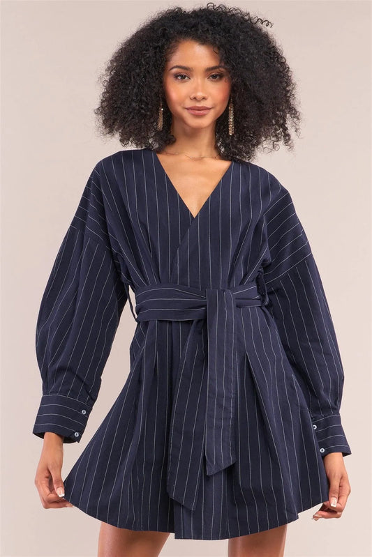 Navy Pinstriped Long Balloon Puff Sleeve Surplice Neck Wrap Mini Shirt Dress /2-2-2 - Tasha Apparel Wholesale