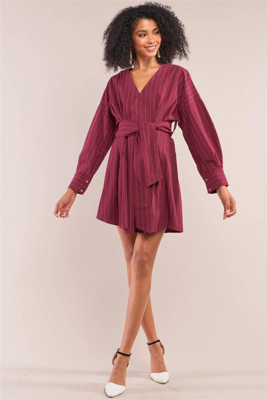 Wine Pinstriped Long Balloon Puff Sleeve Surplice Neck Wrap Mini Shirt Dress /1-2-2 - Tasha Apparel Wholesale