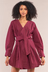 Wine Pinstriped Long Balloon Puff Sleeve Surplice Neck Wrap Mini Shirt Dress /2-2-2 - Tasha Apparel Wholesale