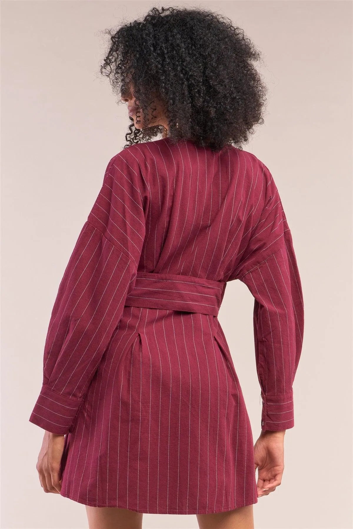 Wine Pinstriped Long Balloon Puff Sleeve Surplice Neck Wrap Mini Shirt Dress /2-2-2 - Tasha Apparel Wholesale