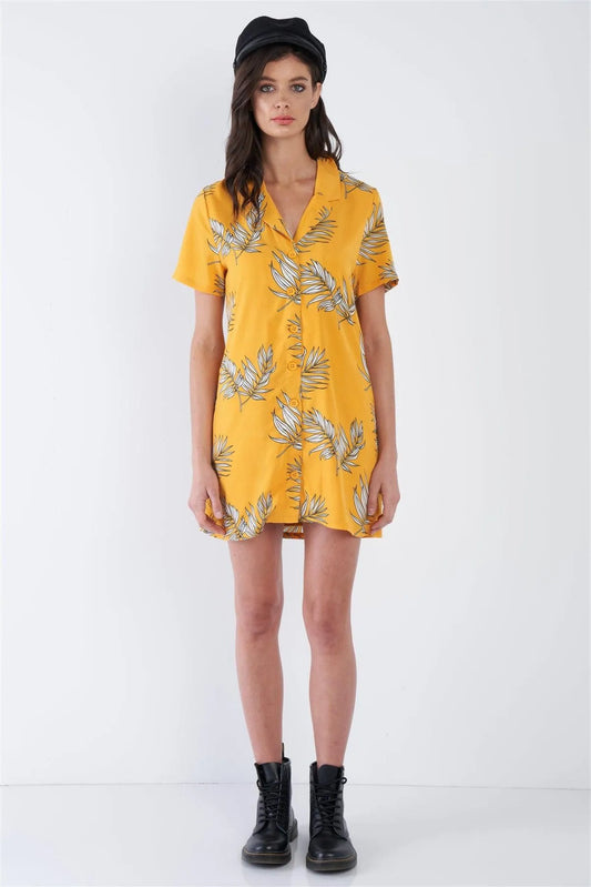Yellow Tropical Print V-Neck Front Button Mini Shirt Dress /1-2-2 - Tasha Apparel Wholesale