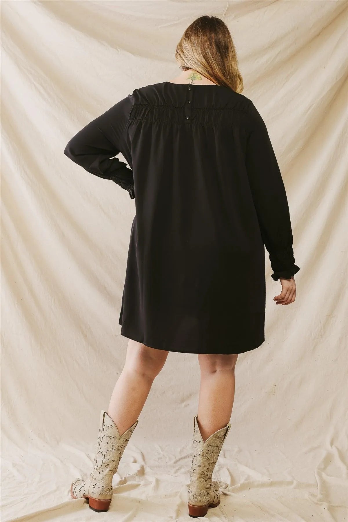 Junior Plus Black Elasticized Bust Long Sleeve Mini Dress /3-2-1 - Tasha Apparel Wholesale